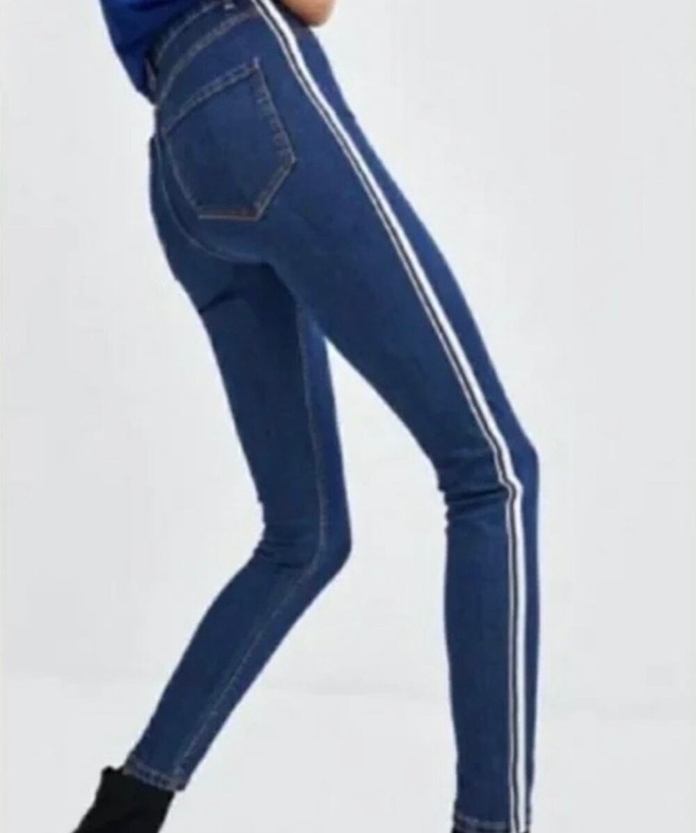 Zara Trafaluc Striped High Rise Skinny Jeans Womens 10 Stretch Blue White Pants